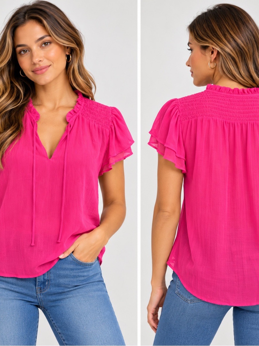 CeCe Hot Pink Smocked Yoke Flutter Sleeve Blouse